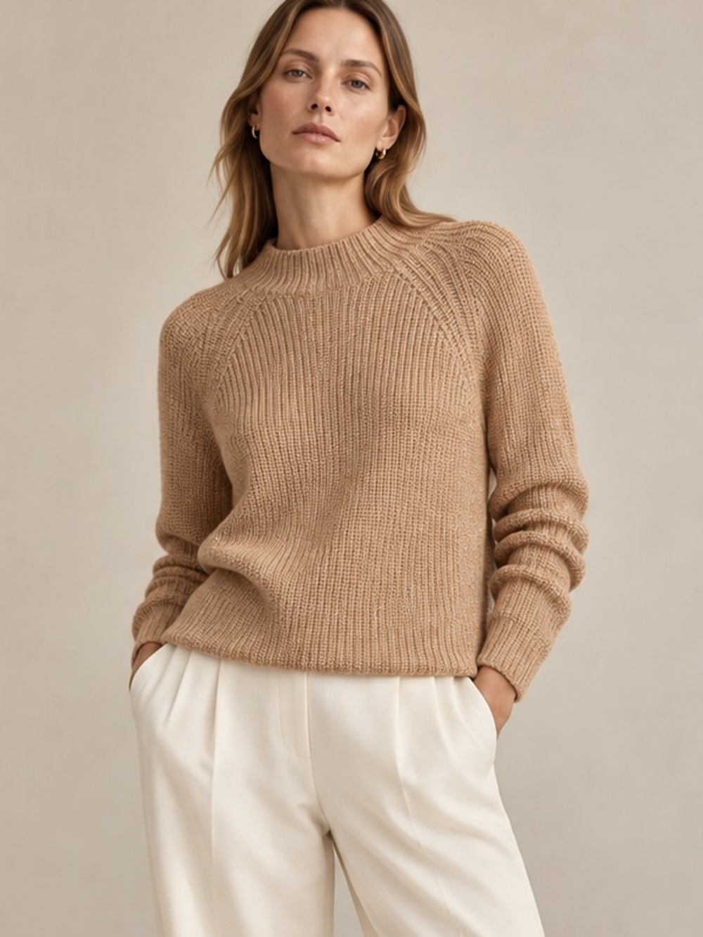 Vince Cashmere/Wool Ribbed Camel Knit Mock Neck Sweater - Medium | Quiet Luxury